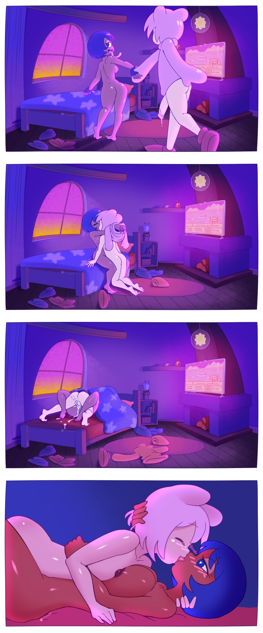 1boy 1girl absurdres bed bedroom comic cumby_(minus8) dark-skinned_female dark_skin electronics erection femboy femboy_on_female gooey_(kirby) hetero highres kirby kirby_(series) kirby_boy kirby_dreamland_3 kirby_star_allies kiss light-skinned_femboy mating_press minuspal nintendo pale_skin penis pillow pussy sex tagme television timelapse tv under_covers undressing vaginal