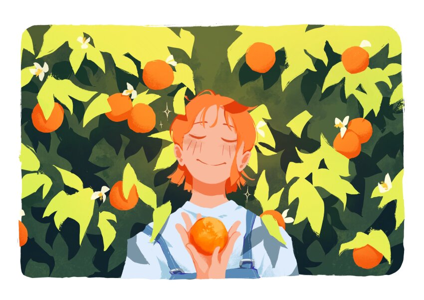1girl absurdres birthday blue_overalls blush closed_eyes closed_mouth commentary english_commentary facing_viewer food fruit highres holding holding_food holding_fruit mandarin_orange nami_(one_piece) one_piece orange_hair orange_tree overalls qmech shirt short_hair single_sidelock smile solo sparkle upper_body white_shirt