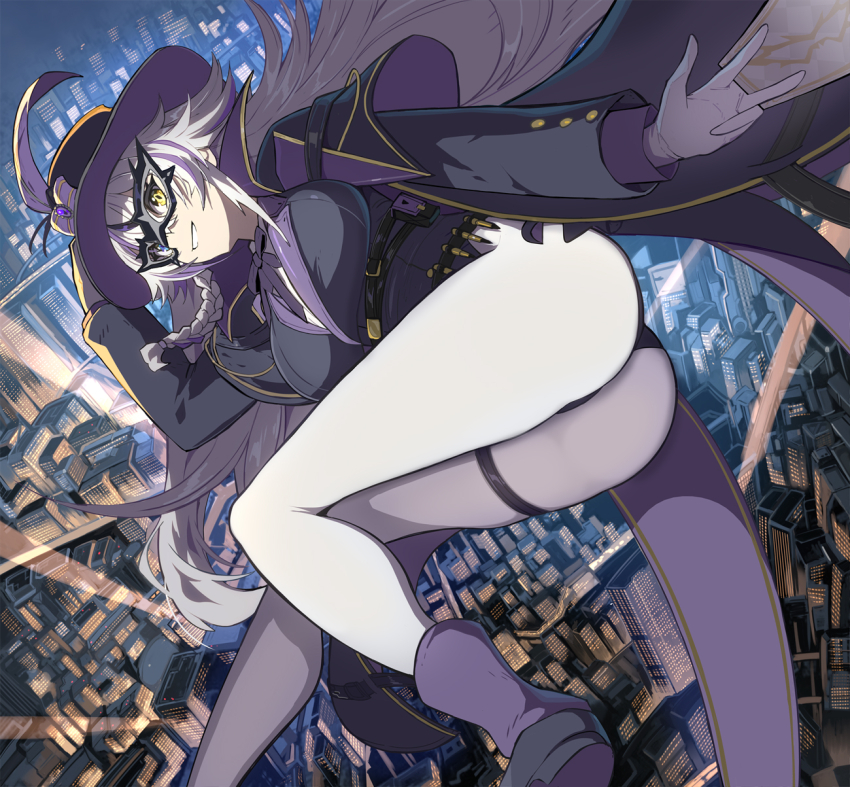 1girl artist_request ass blue_eyes boots breasts cape from_behind from_below gloves goddess_of_victory:_nikke grin hat heterochromia highres large_breasts leotard long_hair looking_at_viewer mask pantyhose phantom_(nikke) smile solo thigh_strap very_long_hair white_hair yellow_eyes