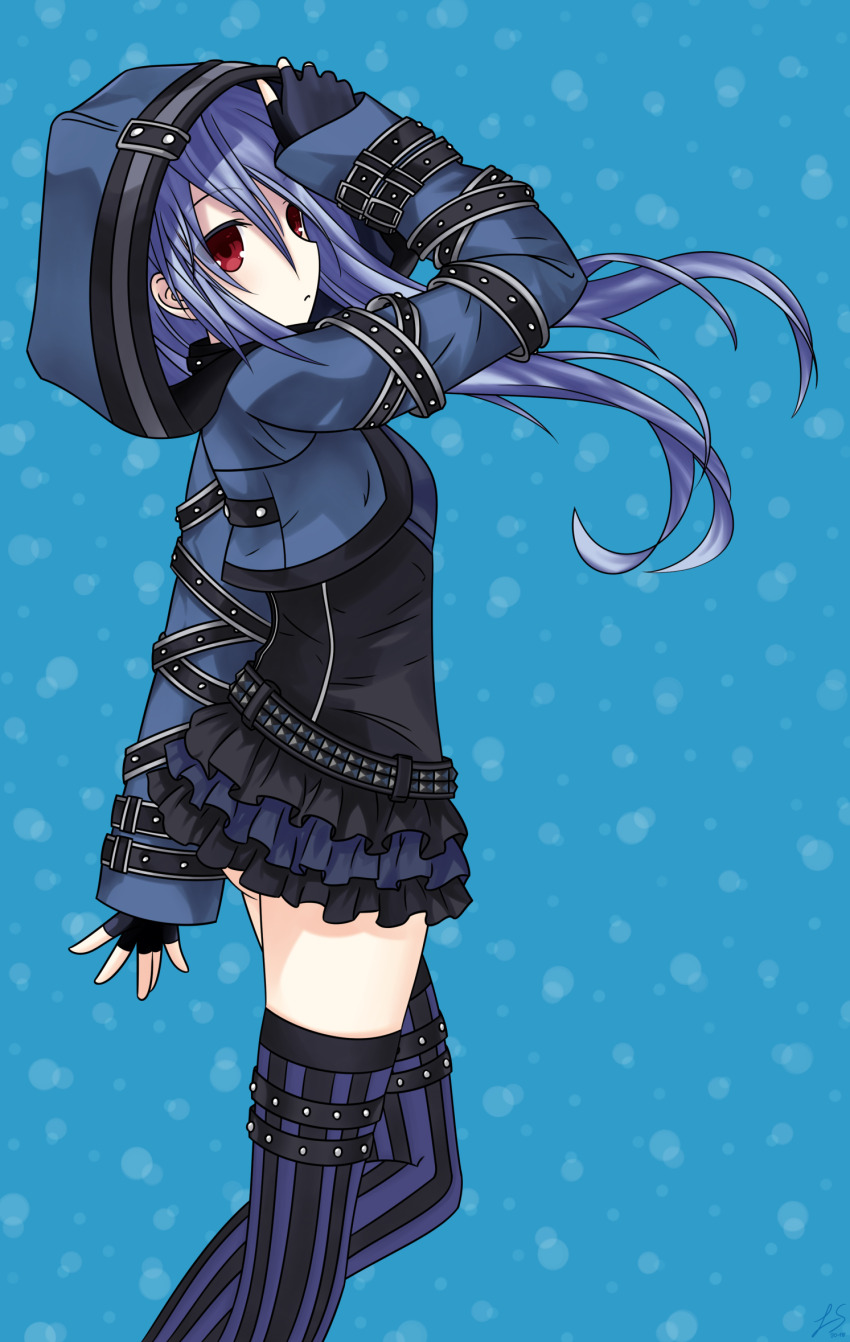 belt effole_(fairy_fencer_f) fairy_fencer_f fingerless_gloves frilled_skirt frills gloves hair_bun hand_on_headwear high_collar highres hood hood_up hooded_jacket hoodie jacket long_hair long_sleeves looking_at_viewer miniskirt pdhz8877 purple_hair red_eyes simple_background skirt thighhighs thighs