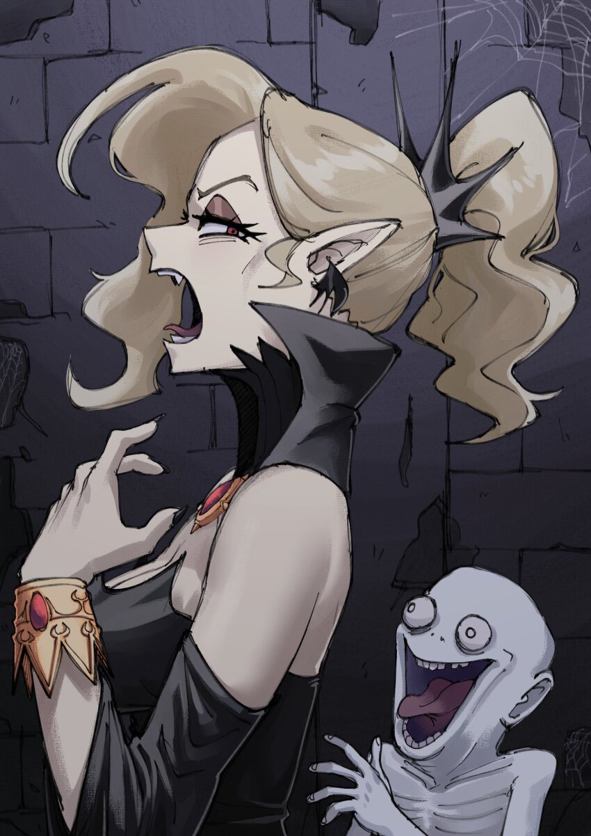 1boy 1girl absurdres architecture bare_shoulders black_crown black_dress black_nails blonde_hair breasts brick_wall cleavage colored_skin crown dress ghoul gingrjoke gothic_architecture highres large_breasts long_hair looking_at_viewer miss_feratu_(gingrjoke) open_mouth original pointy_ears silk smile solo_focus spider_web teeth undead vampire