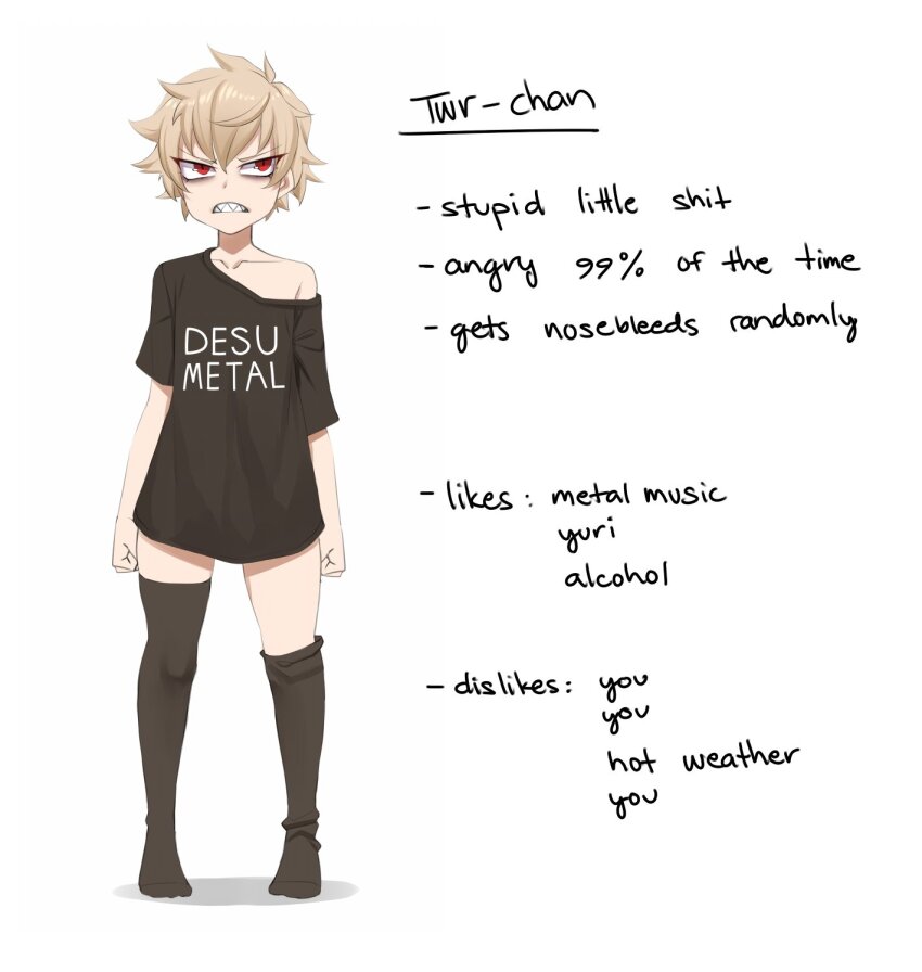 1girl angry bare_shoulders black_shirt black_socks blonde_hair clenched_hands clothes_writing desu flat_chest highres messy_hair original red_eyes sharp_teeth shirt short_hair socks teeth thighhighs twr-chan twr-tan twrlare zettai_ryouiki