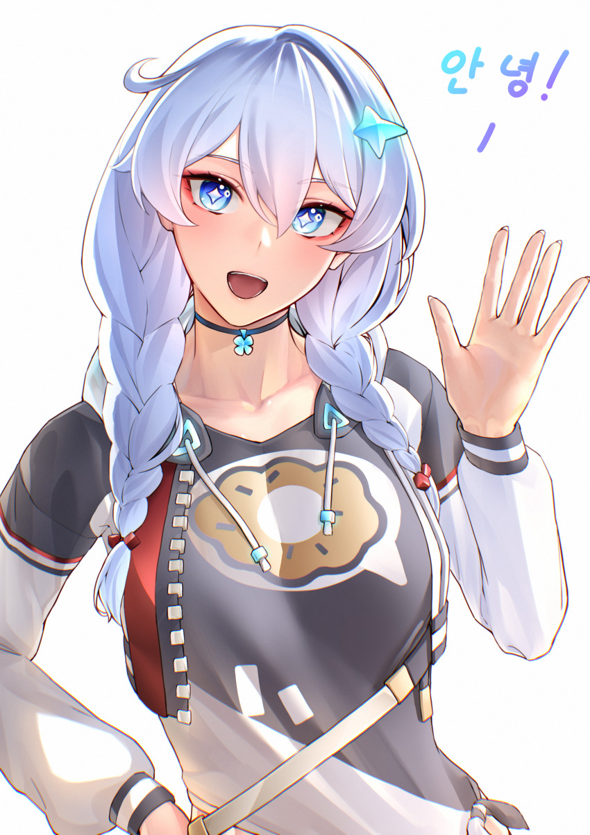 1girl :d absurdres black_choker blue_eyes braid choker commentary_request cowlick eyeshadow hand_up highres honkai:_nexus_anima honkai_(series) jacket kiana_kaslana korean_commentary long_hair long_sleeves looking_at_viewer makeup open_clothes open_jacket open_mouth pyeong_il shirt simple_background smile solo translation_request twin_braids upper_body white_background white_hair