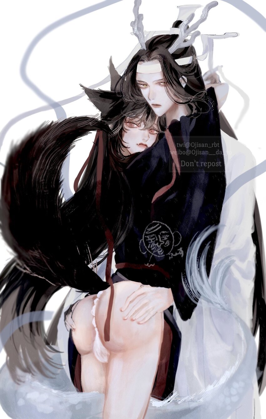 2boys androgynous animal_ears arms_around_neck arms_up ass bare_legs between_legs bishounen black_hair black_hanfu chinese_clothes closed_mouth couple dragon_boy eastern_dragon_horns eastern_dragon_tail eyelashes fang fox_boy fox_ears fox_tail grabbing_another&#039;s_ass groping hair_ribbon hands_on_another&#039;s_ass hanfu headband height_difference highres horns hug kemonomimi_mode lan_wangji long_hair long_sleeves looking_at_viewer looking_back male_focus modao_zushi multiple_boys no_pants ojisan_rbt ponytail red_eyes red_ribbon ribbon ribboned_xiao_guan robe simple_background skin_fang standing tail tail_between_legs topknot twitter_username underwear watermark wei_wuxian white_background white_hanfu white_headband white_loincloth wide_sleeves xiao_guan_(headdress) yaoi yellow_eyes