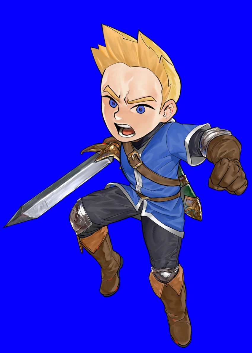 armor belt black_pants blonde_hair blue_background blue_eyes boots brown_belt brown_boots brown_gloves clenched_hand dancho_no_mori elbow_pads full_body gloves hands_up highres holding holding_sword holding_weapon knee_pads leg_up male_focus midair mii_swordfighter mii_swordfighter_(smash_ultimate) nintendo open_mouth pants scabbard sheath short_hair short_sleeves shoulder_belt signature simple_background solo super_smash_bros. sword twitter_username v-shaped_eyebrows weapon