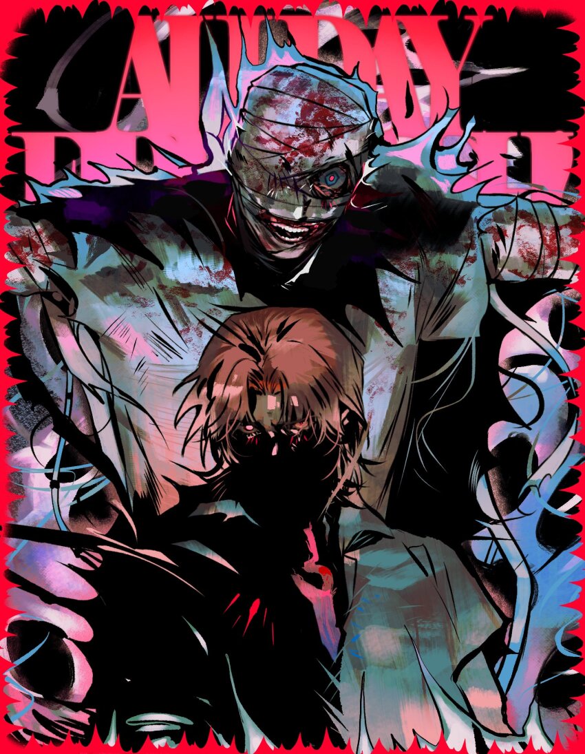 2boys bandaged_head bandages blood bloody_bandages blue_jumpsuit curly_(mouthwashing) g_78hp highres jimmy_(mouthwashing) jumpsuit male_focus mouthwashing multiple_boys shaded_face