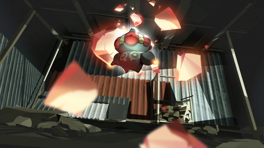 claydol commentary corrugated_galvanized_iron_sheet extra_eyes floating from_below gen_3_pokemon glowing matwvv motion_blur nintendo no_humans pokemon pokemon_(creature) red_eyes rock solo