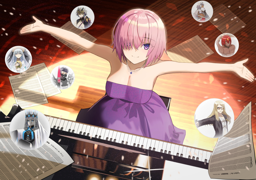 4boys 4girls absurdres anastasia_(fate) ashwatthama_(fate) bare_shoulders blush breasts caenis_(fate) cleavage dress fate/grand_order fate_(series) hair_over_one_eye highres instrument jewelry large_breasts looking_at_viewer mash_kyrielight morgan_le_fay_(fate) morgan_le_fay_(queen_of_winter)_(fate) motukan multiple_boys multiple_girls necklace piano prince_of_lan_ling_(fate) purple_dress purple_eyes purple_hair sheet_music short_hair sigurd_(fate) sitting smile solo_focus surtr_(fate) tezcatlipoca_(fate) viy_(fate)