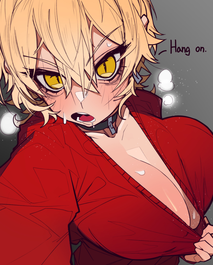 1girl absurdres black_choker blonde_hair blush borrowed_character breasts choker chris_(ginseng) cleavage cleavage_reach commentary earrings english_commentary english_text full-face_blush grey_background hair_between_eyes highres huge_breasts jewelry looking_at_viewer messy_hair no_bra open_mouth original outstretched_arm pov red_sweater short_hair slit_pupils solo sweat sweater waa153 yellow_eyes