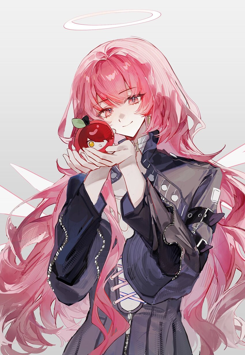 1girl absurdres arknights black_dress bochishiraita closed_mouth cupping_hands detached_wings dress exusiai_(arknights) grey_background halo hashtag-only_commentary highres holding lemuen_(arknights) long_hair long_sleeves looking_at_viewer own_hands_together pink_eyes pink_hair simple_background smile solo traditional_halo upper_body white_halo wings