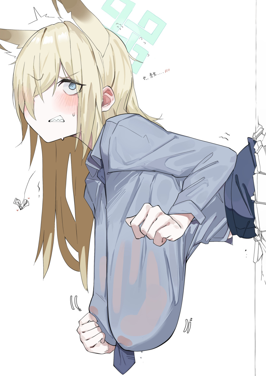 1girl animal_ears blonde_hair blue_archive blue_eyes blush breasts clenched_teeth dog_ears hair_over_one_eye halo hanging_breasts highres kanna_(blue_archive) large_breasts long_hair looking_at_viewer necktie rottenweiler sagging_breasts simple_background solo sweat teeth through_wall white_background