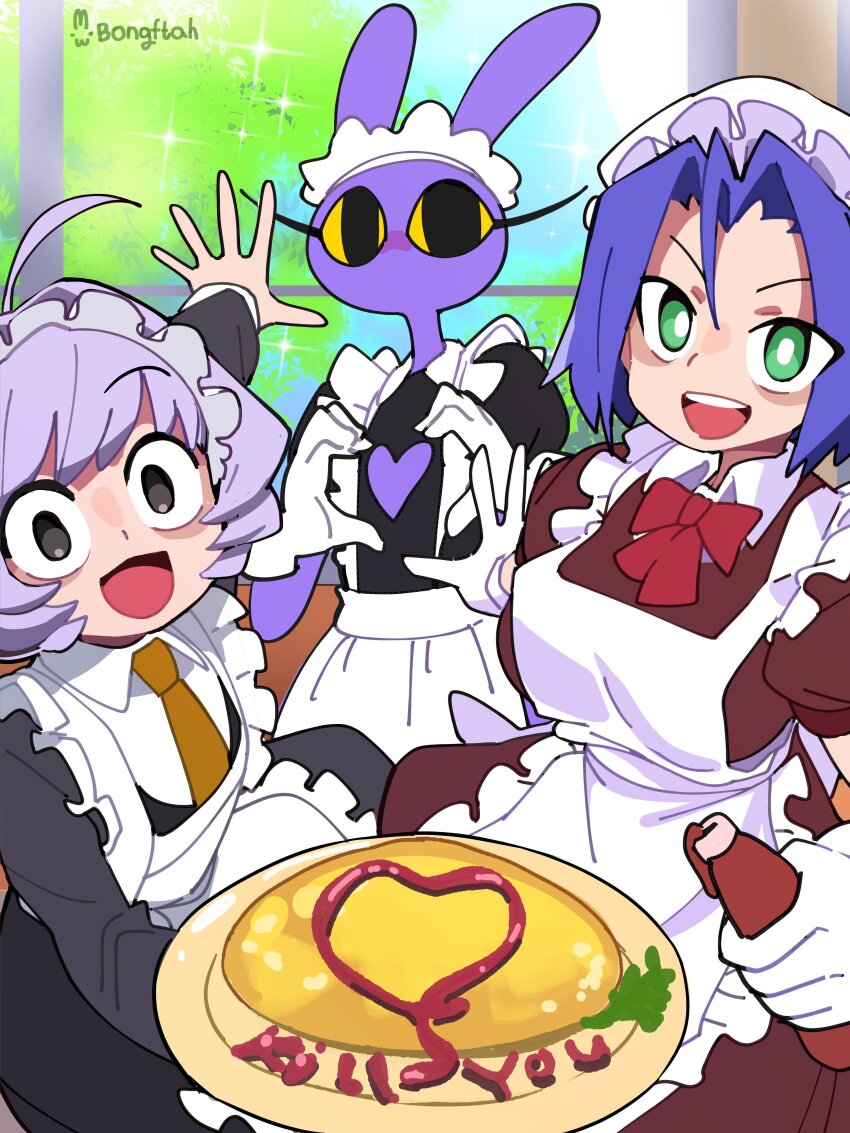 1boy 2girls absurdres alternate_costume apron artist_name black_dress blue_hair blush bongfill bow bowtie crossdressing dress english_text enmaided food frilled_apron frills gloves green_eyes heart heart_hands highres holding holding_plate james_(pokemon) jax_(the_amazing_digital_circus) ketchup ketchup_bottle looking_at_viewer maid maid_apron maid_day maid_headdress multiple_girls oekaki omelet omurice open_mouth osana_najimi_(komi-san_wa_komyushou_desu) plate red_bow red_bowtie sparkle watermark white_apron white_gloves