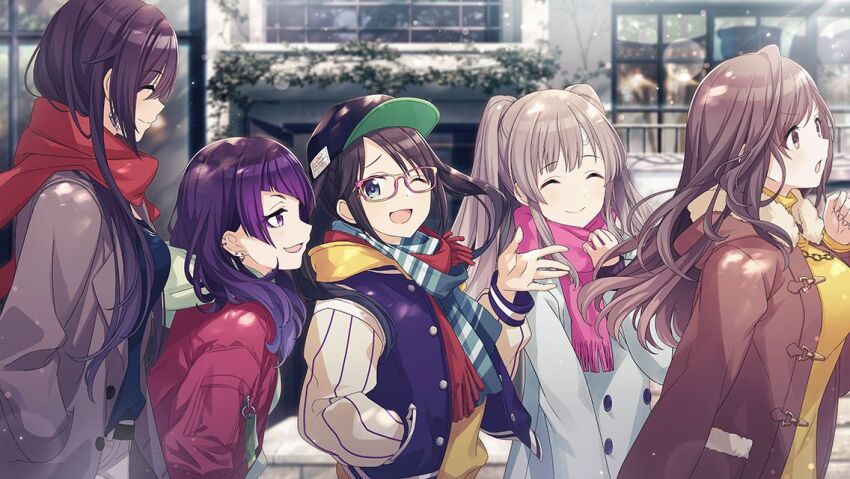 5girls ^_^ bandage_on_face bandages baseball_cap belt black_hair black_shirt blunt_bangs blurry blurry_background blush bokeh breasts brown_coat brown_eyes brown_hair building chain chain_necklace closed_eyes coat commentary depth_of_field diagonal_bangs duffel_coat ear_piercing earrings enpera eyeliner from_side fur-trimmed_coat fur_trim game_cg glasses green_hoodie green_scarf grey_coat hand_in_pocket hand_up hands_in_pockets hat hood hooded_coat hoodie idolmaster idolmaster_shiny_colors jacket jewelry l&#039;antica_(idolmaster) large_breasts letterman_jacket light_brown_hair light_particles long_hair looking_at_another makeup mitsumine_yuika multiple_girls multiple_scarves necklace official_art one_eye_closed open_mouth outdoors parted_bangs piercing pink_scarf purple_eyes purple_hair purple_lips raised_eyebrows red-framed_eyewear red_jacket red_scarf scarf shirase_sakuya shirt sidelocks smile snow snowing striped_clothes striped_scarf sweater talking tanaka_mamimi tsukioka_kogane turtleneck turtleneck_sweater twintails upper_body v-shaped_eyebrows walking winter_clothes yellow_hoodie yellow_sweater yukoku_kiriko