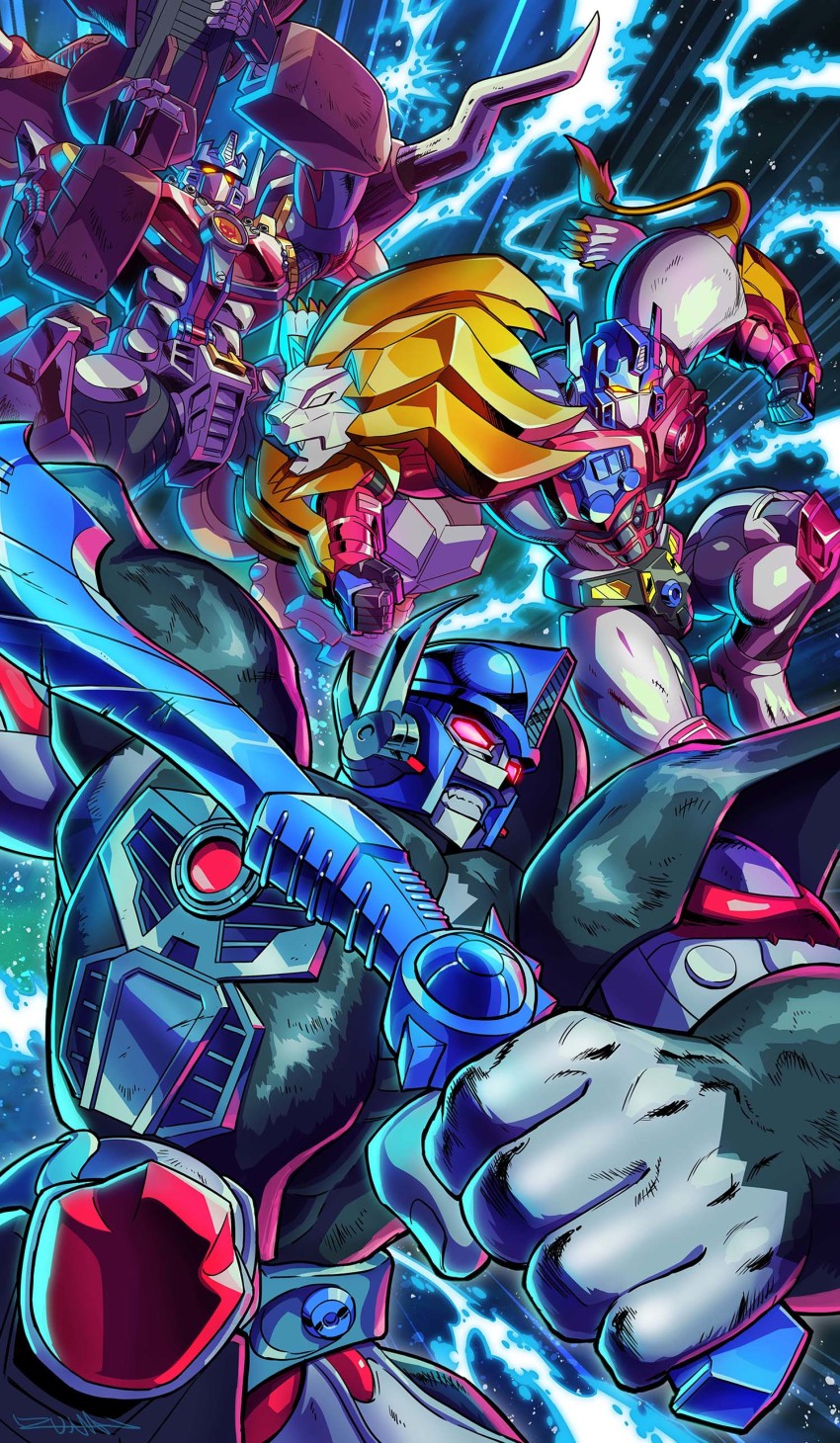 absurdres beast_wars beast_wars:_transformers beast_wars_ii beast_wars_neo big_convoy clenched_hands clenched_teeth glowing glowing_eyes highres holding holding_sword holding_weapon huge_filesize lightning lio_convoy lion maximal mecha no_humans optimus_primal red_eyes robot sword teeth transformers weapon yasukuni_kazumasa yellow_eyes