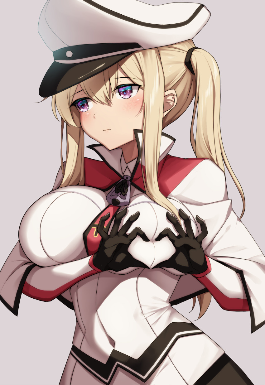1girl absurdres black_dress black_gloves blonde_hair blush breasts capelet creek_(moon-sky) cross dress gloves graf_zeppelin_(kancolle) hat heart heart_hands highres jacket kantai_collection large_breasts long_hair long_sleeves military_hat military_uniform necktie peaked_cap red_capelet shy simple_background solo twintails upper_body white_capelet white_hat white_jacket