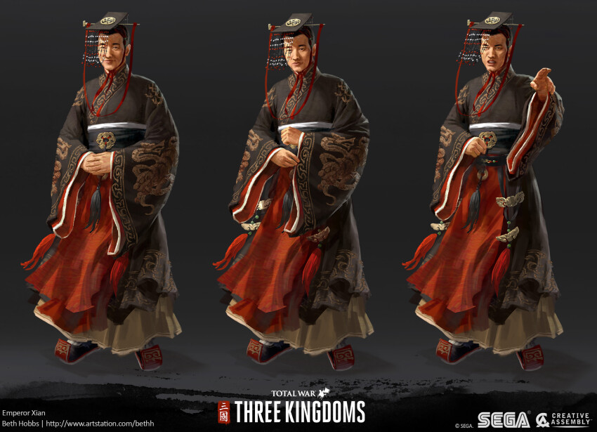 1boy beth_hobbs black_background black_hair black_hanfu black_sash china chinese_clothes emperor_xian guan_hat han_dynasty hanfu highres logo long_sleeves longpao mian_guan multiple_views official_art red_ribbon ribbon romance_of_the_three_kingdoms sash standing tassel total_war total_war:_three_kingdoms wide_sleeves