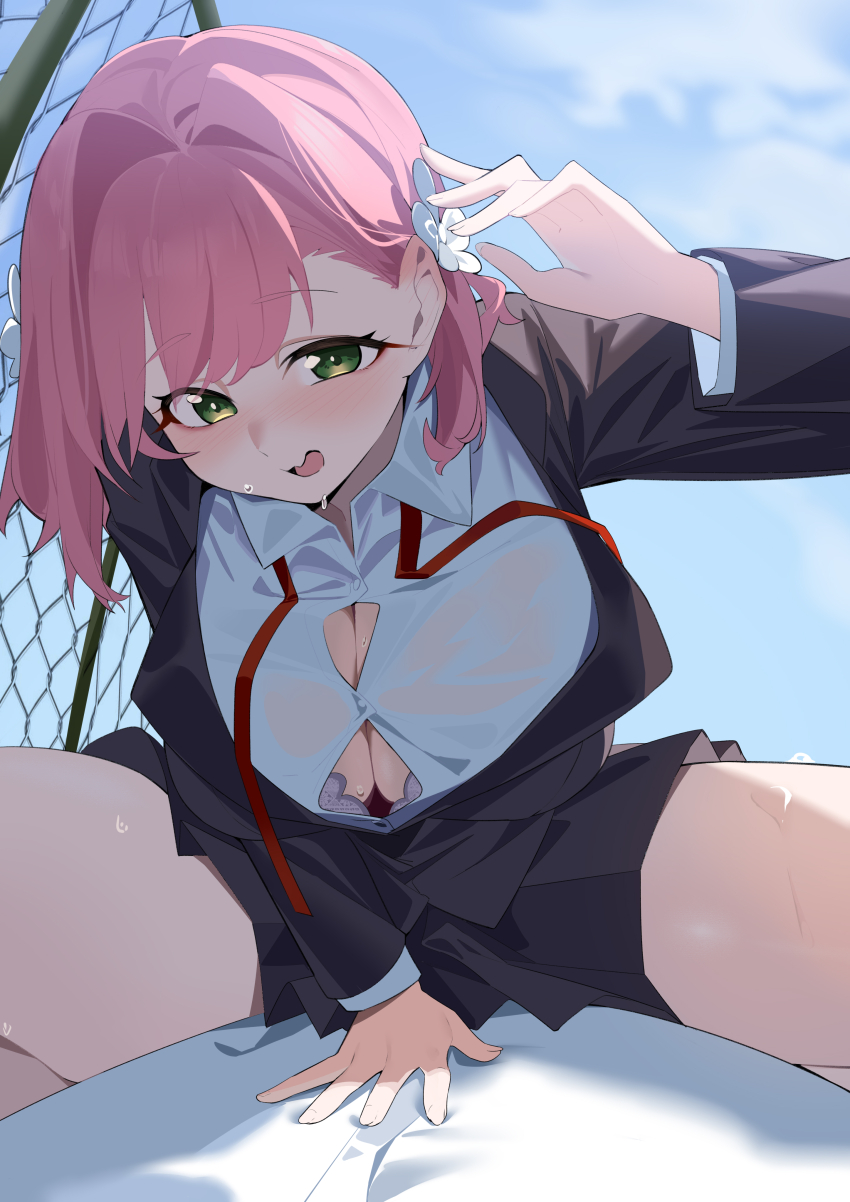 1girl absurdres between_legs black_skirt blazer blush breasts bursting_breasts button_gap collared_shirt commentary_request ear_blush flower green_eyes hair_flower hair_ornament hanazono_hakari hand_between_legs highres jacket kimi_no_koto_ga_dai_dai_dai_dai_daisuki_na_100-nin_no_kanojo large_breasts long_sleeves looking_at_viewer medium_hair miniskirt neck_ribbon ohananomitsu_high_school_uniform open_mouth outdoors pink_hair red_ribbon ribbon school_uniform shirt skirt sky smile spread_legs straddling sweat thighs undone_neck_ribbon wako_(1194433260) white_flower white_shirt