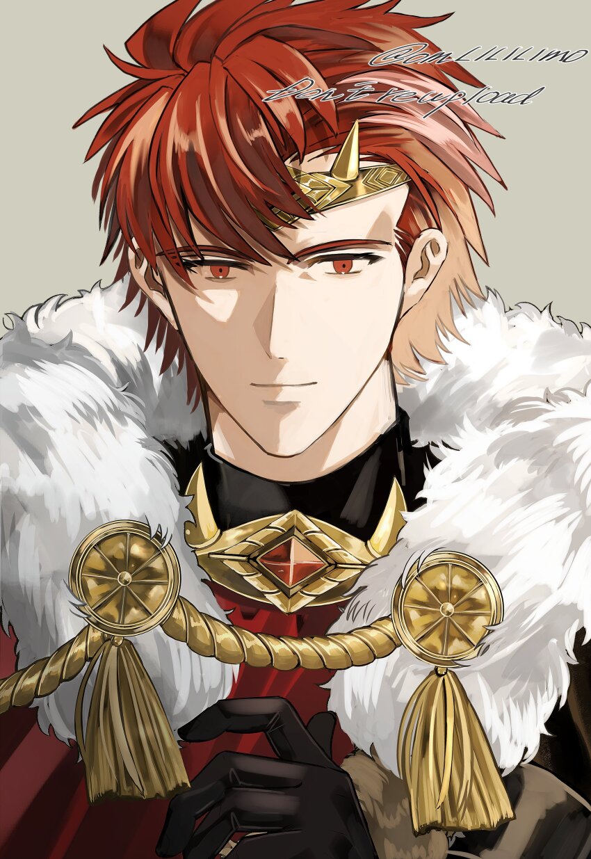 1boy absurdres alternate_costume closed_mouth crown diamant_(fire_emblem) fire_emblem fire_emblem_engage fur_trim highres king looking_at_viewer male_focus nintendo omlililimo red_eyes red_hair solo white_fur