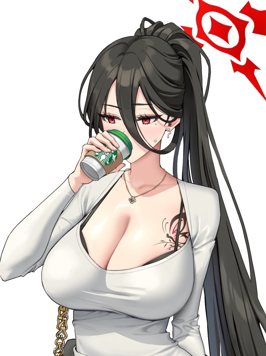 1girl arm_behind_back black_bra black_hair blue_archive bra bra_peek breasts butterfly_tattoo chain chest_tattoo cleavage collarbone commentary_request copyright_logo cup disposable_coffee_cup disposable_cup dongtan_dress dress drinking earrings eyelashes hair_between_eyes halo hand_up hasumi_(blue_archive) highres holding holding_cup impossible_clothes impossible_dress jewelry kkuni large_breasts long_bangs long_hair looking_ahead loosely_tucked_bangs meme_attire mole mole_under_eye necklace pearl_earrings ponytail red_eyes red_halo simple_background solo starbucks straight_hair sweatdrop tattoo taut_clothes taut_dress underwear upper_body variant_set white_background white_dress