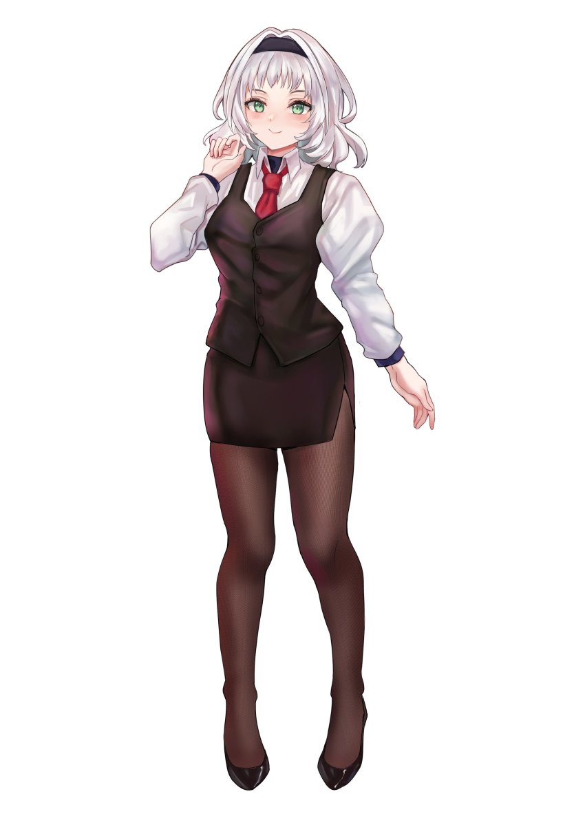 1girl absurdres angel axeloust breasts collared_shirt full_body green_eyes hair_intakes hairband halo halo_removed high_heels highres kamishiro_rita long_sleeves medium_breasts medium_hair necktie no_halo pantyhose pencil_skirt prism_project pumps second-party_source shirt simple_background skirt smile solo standing va-11_hall-a vest virtual_youtuber waistcoat white_hair