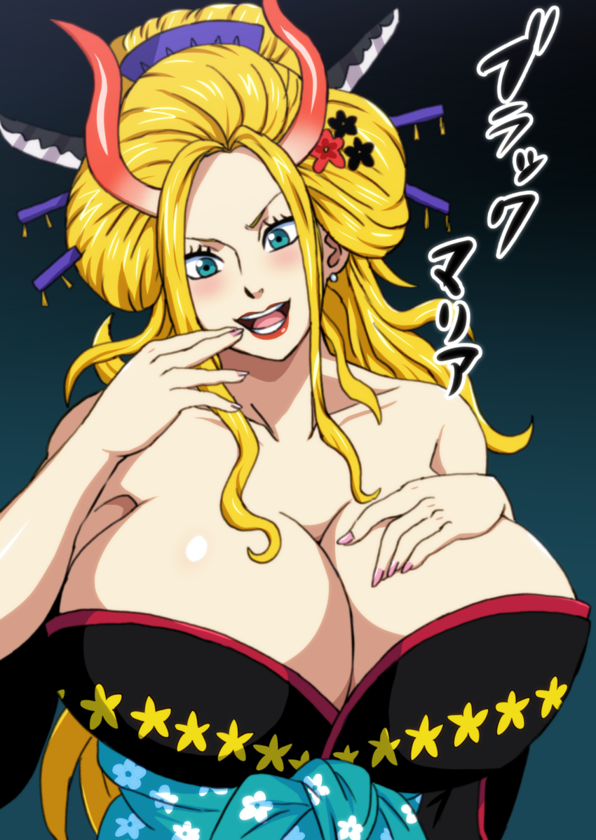 1girl black_maria_(one_piece) blonde_hair breasts cleavage highres huge_breasts long_hair naruho one_piece solo