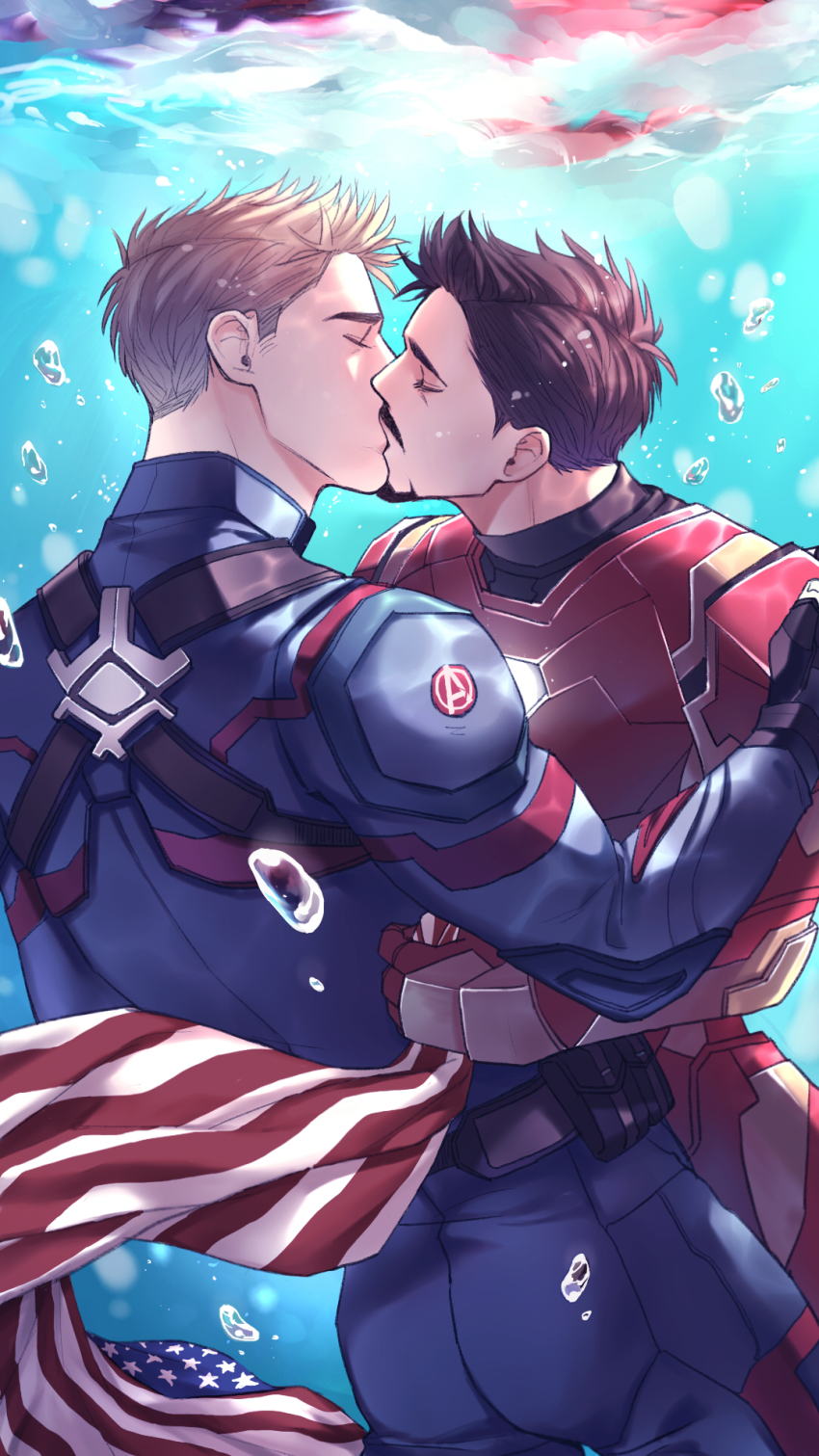2boys american_flag animification arc_reactor arethusa_smile armor avengers_(series) back belt black_belt black_gloves blonde_hair blue_bodysuit bobbles bodysuit brown_hair captain_america closed_eyes commentary english_commentary facial_hair fingerless_gloves flag french_kiss full_armor gloves hand_up highres holding holding_flag iron_man kiss male_focus marvel marvel_cinematic_universe multicolored_armor multiple_boys pocket power_armor red_armor short_hair steve_rogers superhero_costume tony_stark underwear yaoi yellow_armor