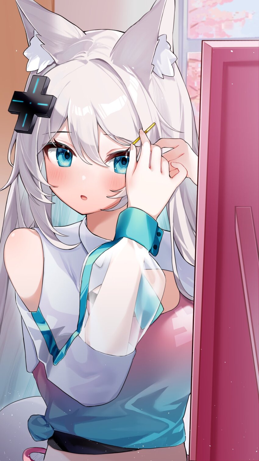 1girl adjusting_hair adjusting_hair_ornament animal_ear_fluff animal_ears bare_shoulders blue_eyes blue_trim blush cherry_blossoms clothing_cutout collared_shirt colored_inner_hair commentary_request crop_top d-pad d-pad_hair_ornament duchi0356 fox_ears fox_girl gradient_clothes gradient_hair gradient_shirt hair_between_eyes hair_ornament hairclip hands_up highres indoors light_particles long_sleeves looking_at_mirror meridian_project mirror mizuki_(vtuber) multicolored_hair open_mouth see-through_clothes see-through_sleeves shirt shoulder_cutout solo tied_shirt tree upper_body virtual_youtuber white_hair white_shirt window wrist_cuffs