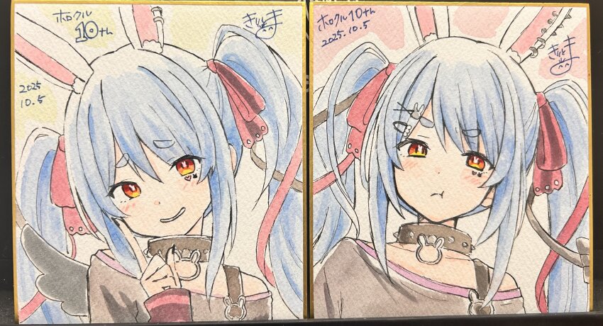 1girl :t absurdres animal_ear_fluff animal_ears bare_shoulders black_nails black_shirt blue_hair carrot_hair_ornament closed_mouth dated ear_piercing food-themed_hair_ornament hair_ornament hairclip hand_up highres hololive index_finger_raised kiritoma long_hair looking_at_viewer multiple_views naked_shirt off_shoulder photo_(medium) piercing pout rabbit-shaped_pupils rabbit_ears rabbit_hair_ornament red_eyes shikishi shirt signature symbol-shaped_pupils traditional_media twintails usada_pekora virtual_youtuber x_hair_ornament