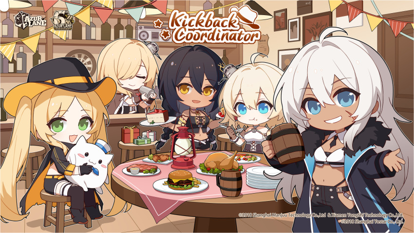 5girls azur_lane belt between_breasts black_hair black_necktie black_panties blonde_hair blue_eyes boots bow box breasts burger cake cake_slice cape clothing_cutout coat cocktail_shaker company_name copyright_name dark-skinned_female dark_skin dartboard eating food fur-trimmed_coat fur-trimmed_jacket fur_trim gift gift_box gloves green_eyes hair_between_eyes hair_ornament hat highres holding holding_cake holding_food hornet_(azur_lane) hornet_ii_(azur_lane) indiana_(azur_lane) jacket jewelry lantern long_hair long_sleeves looking_at_viewer midriff multiple_girls native_american navel necktie necktie_between_breasts nevada_(azur_lane) nevada_(retrofit)_(azur_lane) official_art oklahoma_(azur_lane) oklahoma_(retrofit)_(azur_lane) open_clothes open_coat open_jacket open_mouth panties pants scar scar_on_face shirt shorts sitting smile south_dakota_(azur_lane) standing steak stool torn_clothes turkey_(food) twintails underwear very_long_hair white_hair white_shirt yellow_eyes