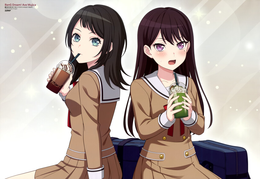 2girls absurdres animedia aqua_eyes artist_request bag bang_dream! bang_dream!_it&#039;s_mygo!!!!! black_hair blush brown_dress brown_hair buttons collarbone copyright_name copyright_notice double-breasted dress drinking hanasakigawa_school_uniform highres long_hair long_sleeves looking_at_viewer looking_back magazine_scan mole mole_under_eye multiple_girls neck_ribbon official_art purple_eyes red_ribbon ribbon sailor_collar sailor_dress scan school_bag school_uniform shiina_taki short_dress sitting white_sailor_collar winter_uniform yahata_umiri