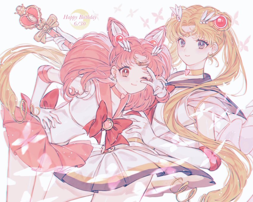 2girls back_bow birthday bishoujo_senshi_sailor_moon bishoujo_senshi_sailor_moon_supers blonde_hair blue_eyes blue_sailor_collar bow chest_bow chibi_usa choker circlet cone_hair_bun crescent crescent_earrings dated double_bun earrings elbow_gloves gloves hair_bun hair_ornament happy_birthday hashtag-only_commentary highres hn_sit holding jewelry leotard long_hair looking_at_viewer magical_girl mother_and_daughter multiple_girls one_eye_closed parted_bangs pink_choker pink_hair pink_sailor_collar pink_skirt red_bow red_eyes sailor_chibi_moon sailor_collar sailor_moon skirt smile spiral_heart_moon_rod super_sailor_moon tsukino_usagi twintails v v_over_eye very_long_hair white_gloves white_leotard yellow_choker