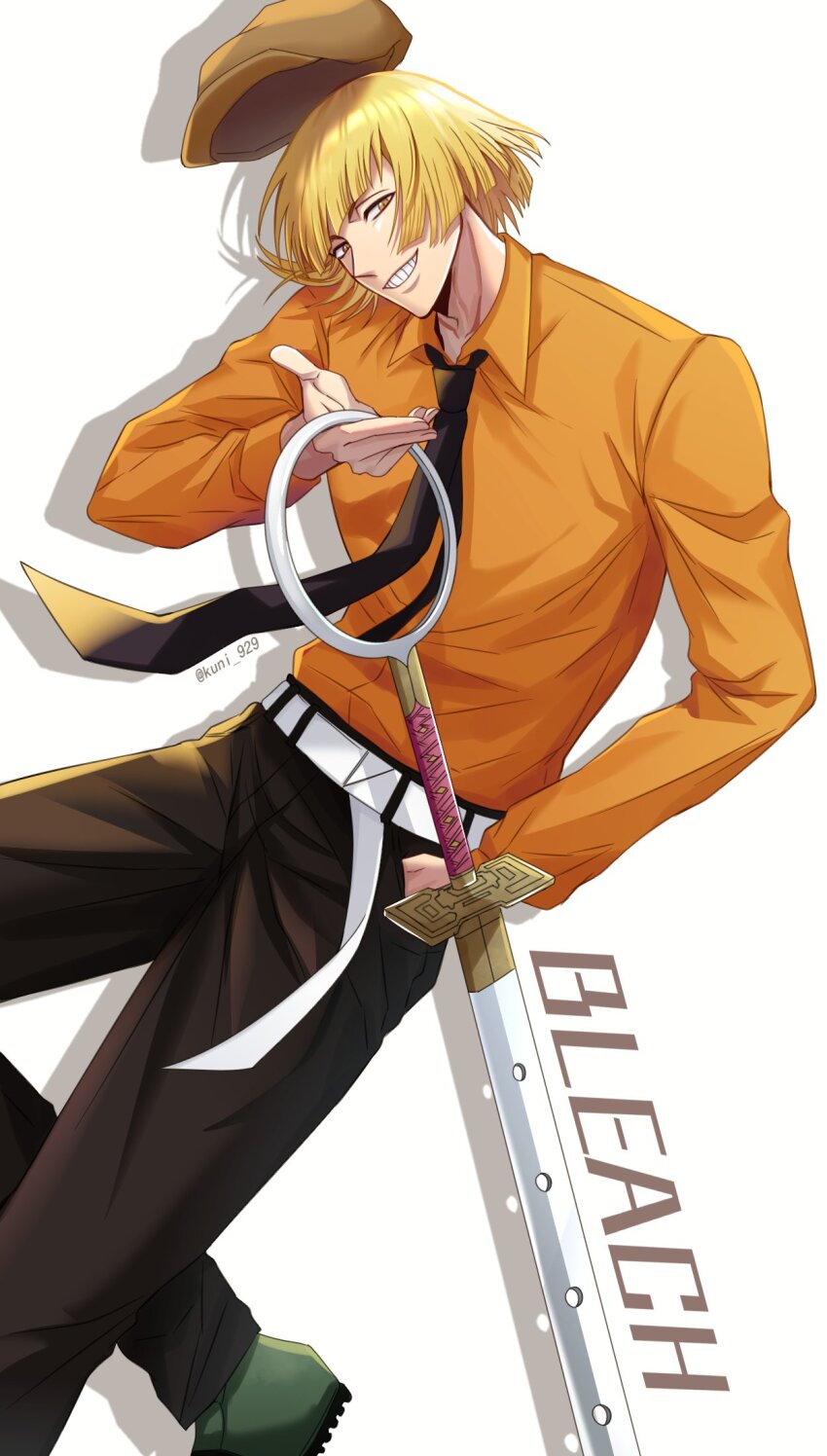 1boy :d belt black_necktie black_pants bleach blonde_hair blunt_bangs bob_cut brown_eyes brown_hat collared_shirt commentary copyright_name drop_shadow dutch_angle floating_hair foot_out_of_frame glowing_neckwear grin hat highres hirako_shinji holding holding_sword holding_weapon kuni_929 long_sleeves looking_at_viewer male_focus necktie open_mouth orange_shirt pants sakanade_(shikai) shikai shirt short_hair simple_background smile solo sword teeth twitter_username unworn_hat unworn_headwear weapon white_background white_belt