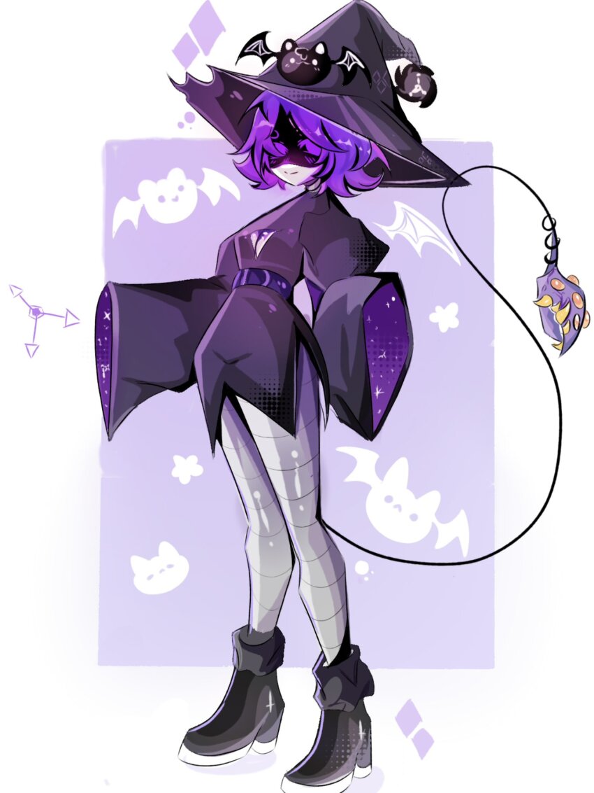 1girl boots choker glitch_productions halloween hat high_heel_boots high_heels highres monster_tail murder_drones no_humans purple_eyes purple_hair robot sharp_teeth tail teeth uzi_(murder_drones) very_long_sleeves witch_hat