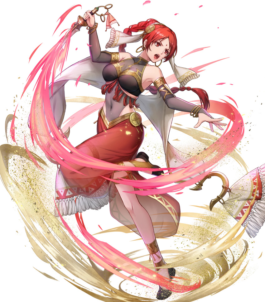 1girl black_footwear bracelet braid breasts dagger dancer earrings energy female_focus fire_emblem fire_emblem:_the_sacred_stones fire_emblem_heroes forehead_jewel highres holding holding_dagger holding_knife holding_weapon hoop_earrings jewelry knife large_breasts lipstick long_hair makeup matching_hair/eyes navel nintendo non-web_source official_alternate_costume official_art open_mouth red_eyes red_hair red_lips sand see-through_clothes solo stomach tethys_(dancing_sands)_(fire_emblem) tethys_(fire_emblem) weapon
