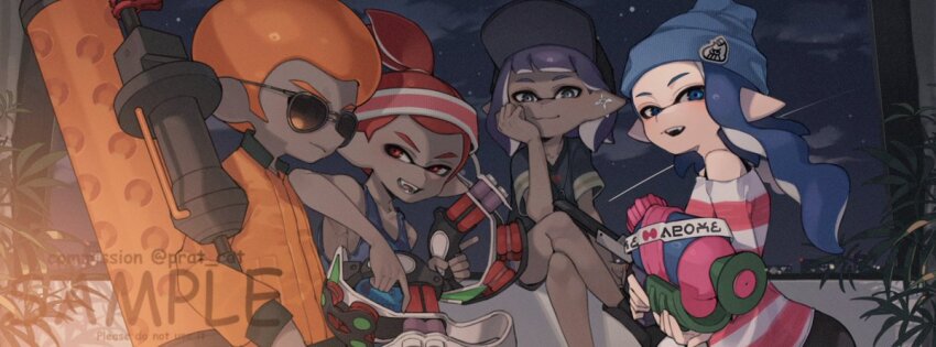 2boys 2girls afro baseball_cap beanie black_footwear black_hat black_shirt blue_eyes blue_hair blue_hat blue_tank_top closed_mouth commentary commission crossed_legs dark-skinned_female dark-skinned_male dark_skin dual_wielding dynamo_roller_(splatoon) earrings english_commentary fangs film_grain grey_eyes hair_behind_ear hand_on_own_cheek hand_on_own_face hat headband holding holding_weapon inkling inkling_boy inkling_girl inkling_player_character jacket jewelry long_hair looking_at_another looking_at_viewer multiple_boys multiple_girls n-zap_(splatoon) necklace nintendo octoling octoling_boy octoling_player_character off_shoulder open_mouth orange_hair orange_jacket pink_shirt pointy_ears prat_rat purple_hair red_eyes red_hair sample_watermark shirt short_hair smile splatoon_(series) splattershot_(splatoon) striped_clothes striped_shirt sunglasses sweatband tank_top tetra_dualies_(splatoon) thick_eyebrows topknot two-tone_shirt watermark wavy_hair weapon white_headband white_shirt