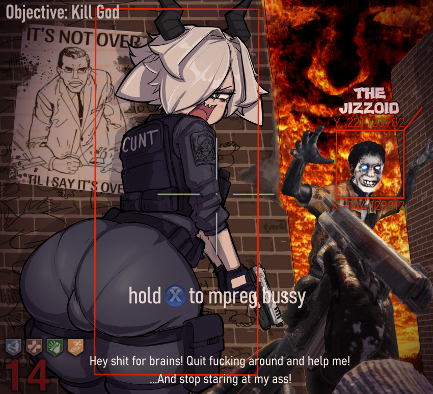 2boys absurdres annoyed ass asymmetrical_bangs belt black_belt black_gloves black_horns brick_wall bulge bulletproof_vest button_prompt call_of_duty call_of_duty:_black_ops chudjak commentary cz_75 english_commentary english_text fire glasses gloves grey_eyes grey_pants gun hair_over_one_eye handgun heads-up_display health_bar highres holding holding_gun holding_weapon horns huge_ass looking_at_viewer male_focus meme multiple_boys open_mouth original pants patch pov pov_hands profanity reloading sharp_teeth short_hair shoulder_patch sleeves_rolled_up surreal teeth th3k1d tight_clothes tight_pants trap upper_teeth_only user_interface utility_belt weapon what white_hair zombie