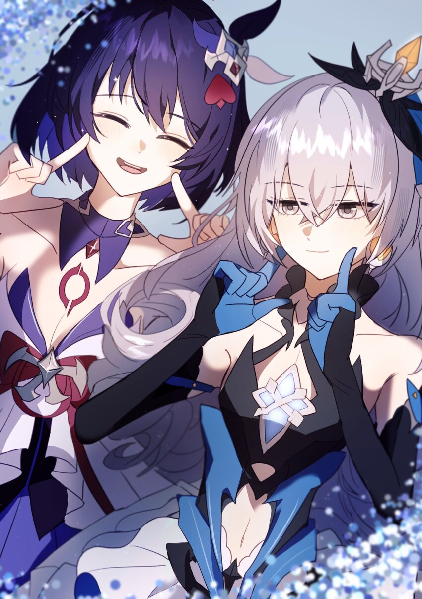 2girls black_gloves blue_dress blue_gloves blue_hair bob_cut bronya_zaychik bronya_zaychik_(herrscher_of_reason) chest_tattoo closed_eyes commentary_request commission dress earrings elbow_gloves fingers_to_cheeks gloves grey_eyes grey_hair hair_ornament half-closed_eyes halter_dress halterneck highres honkai_(series) honkai_impact_3rd jewelry korean_commentary long_hair multiple_girls second-party_source seele_vollerei seele_vollerei_(swallowtail_phantasm) short_hair smile tattoo two-tone_gloves watermouse