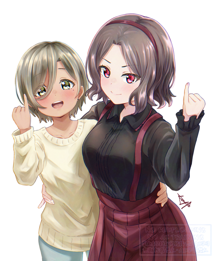 2girls absurdres alternate_breast_size alternate_height black_shirt blue_pants breast_size_switch brown_eyes chinese_commentary closed_mouth collarbone collared_shirt commentary_request dark_skin dress_shirt ebizuka_tomo girls_band_cry grey_hair hair_between_eyes hairband hand_on_another&#039;s_hip height_switch highres long_hair_between_eyes mole mole_under_eye multicolored_hair multiple_girls mutsuki_(mutsuki0110) open_mouth pants pinky_out pleated_skirt red_eyes red_hairband red_skirt roots_(hair) rupa_(girls_band_cry) shirt short_hair signature skirt suspender_skirt suspenders teeth upper_teeth_only