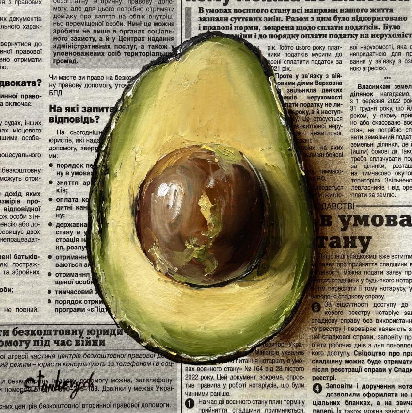 absurdres avocado food food_focus highres julia_stankevych newspaper no_humans oil_painting_(medium) original painting_(medium) photo_(medium) realistic seed signature still_life traditional_media wall_of_text