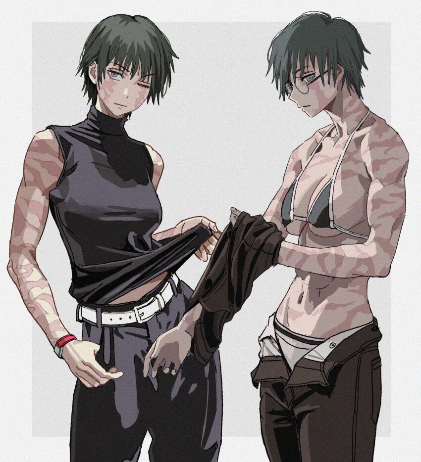 1girl absurdres belt bikini bikini_top_only black_pants black_shirt border breasts closed_mouth dressing glasses green_eyes green_hair highres jujutsu_kaisen looking_at_viewer medium_breasts navel one_eye_closed open_fly outside_border panties pants scar scars_all_over shiren_(ourboy83) shirt short_hair sideways_glance sleeveless sleeveless_shirt solo swimsuit toned toned_female too_many underwear watch white_belt white_border wristwatch zen&#039;in_maki