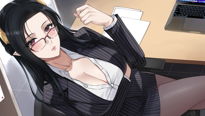 1girl arm_under_breasts black_hair black_jacket black_pantyhose black_skirt blush breasts cleavage closed_mouth collarbone collared_shirt commentary_request computer dress_shirt facial_mark glasses highres horns indie_virtual_youtuber indoors jacket laptop large_breasts lips long_hair long_sleeves looking_at_viewer office office_lady on_chair pantyhose paper pointy_ears red_eyes shirt sidelocks sitting skirt solo table thai_commentary umino_ciala virtual_youtuber white_shirt xter