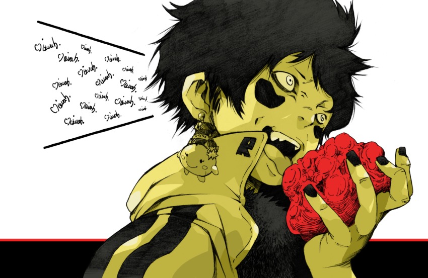 1boy bad_id bad_pixiv_id black_hair black_nails earrings facial_tattoo jersey jewelry makkamu male_focus nail_polish original short_hair signature solo tattoo tongue tongue_out