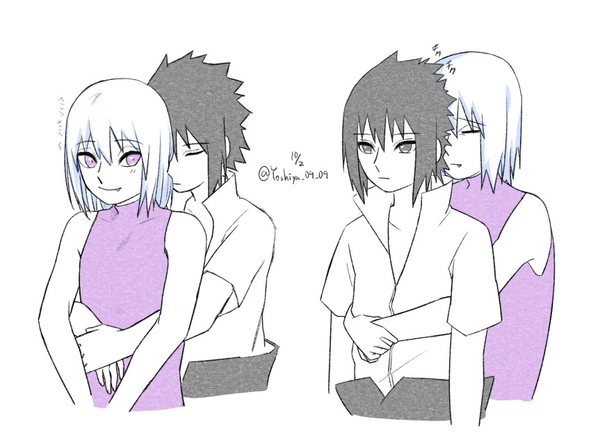 black_eyes black_hair closed_eyes frown hoozuki_suigetsu hug hug_from_behind limited_palette multiple_boys multiple_views naruto_(series) naruto_shippuuden purple_eyes purple_shirt shirt short_hair short_sleeves simple_background sleeveless sleeveless_shirt smile spiked_hair tooth_sticking_out_of_mouth uchiha_sasuke white_background white_shirt yoshiya0909