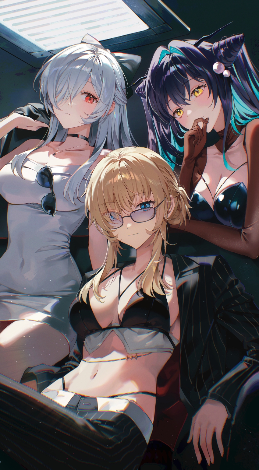 3girls absurdres bikini black_bikini black_choker black_jacket black_pants blonde_hair blue_eyes choker cinderella_(beautiful_me)_(nikke) cinderella_(nikke) commentary_request dress glasses goddess_of_victory:_nikke grave_(beautiful_you)_(nikke) grave_(nikke) grey_hair highres jacket jewelry little_mermaid_(abyss_flower)_(nikke) little_mermaid_(nikke) long_hair midriff multiple_girls navel necklace official_alternate_costume pants pong_(pong_o0) purple_hair red_eyes sitting striped_clothes striped_jacket striped_pants swimsuit white_dress yellow_eyes