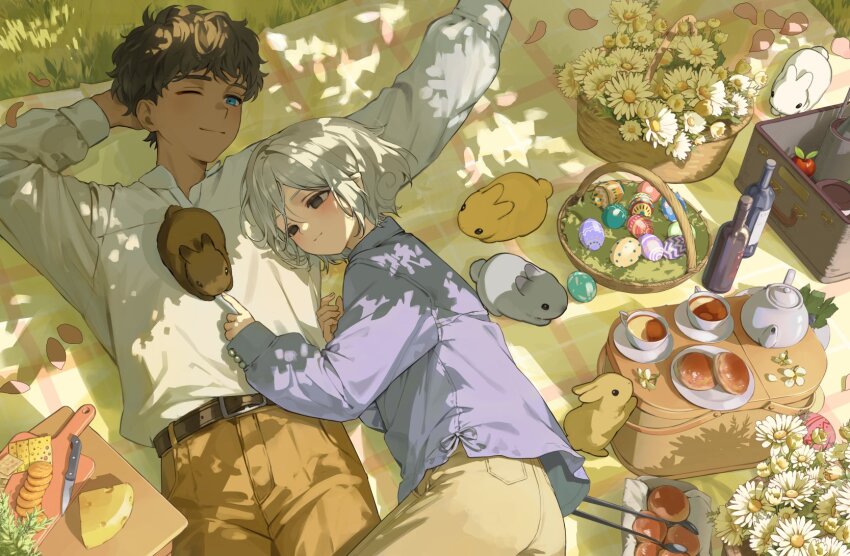 2boys apple bags_under_eyes belt black_eyes black_hair blue_eyes bottle cheese cup curly_hair dark-skinned_male dark_skin dungeon_meshi easter_egg egg elf flower food fruit grass grey_hair head_on_another&#039;s_chest highres kabru lazy_eye long_sleeves lying male_focus mayomayoland mithrun multiple_boys notched_ear on_back on_side one_eye_closed outdoors petals picnic picnic_basket pointy_ears rabbit shirt short_hair smile tea teacup teapot uneven_eyes yaoi