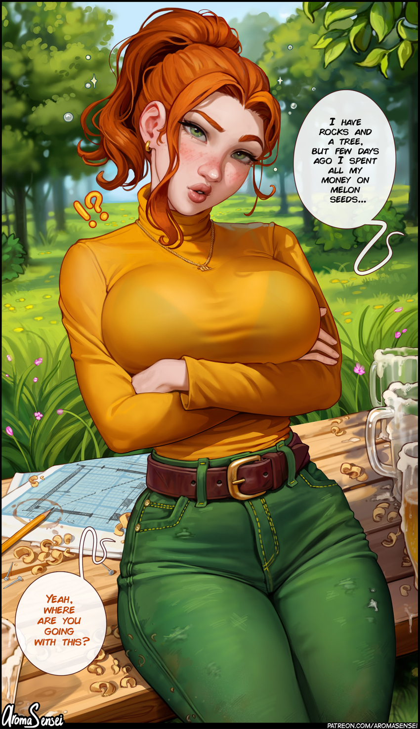 !? 1girl absurdres alcohol arm_support arms_under_breasts aroma_sensei beer beer_mug belt bench blue_sky blueprint_(object) bra_visible_through_clothes bralines breast_lift breasts crossed_arms cup english_text freckles grass green_eyes green_pants head_tilt highres jewelry large_breasts lips long_sleeves looking_at_viewer mug narrow_waist necklace nose orange_hair pants paper pencil ponytail robin_(stardew_valley) shirt sitting sky solo speech_bubble stardew_valley taut_clothes taut_shirt tree turtleneck wood_shavings