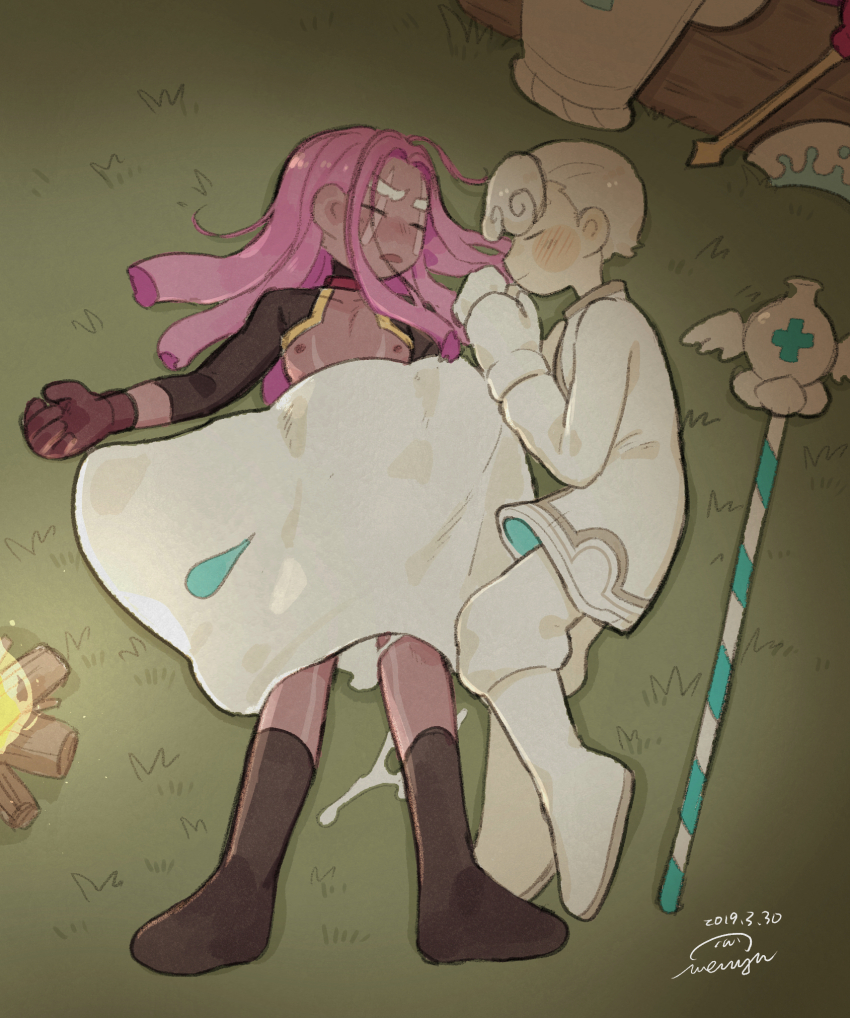 2boys aftersex black_shirt black_socks blanket blush body_markings boots buckle campfire capelet closed_eyes cookie_run cropped_shirt cross cum cum_on_floor dreadlocks facial_mark fire full_body gloves grass highres implied_after_sex implied_sex log long_hair lying male_focus milk_cookie multiple_boys nipples on_back on_side outdoors pants pectorals personification purple_gloves purple_hair purple_yam_cookie shield shirt short_hair sleeping socks staff staff_(weapon) teardrop topless_female topless_male wenyu white_gloves white_hair white_pants yaoi