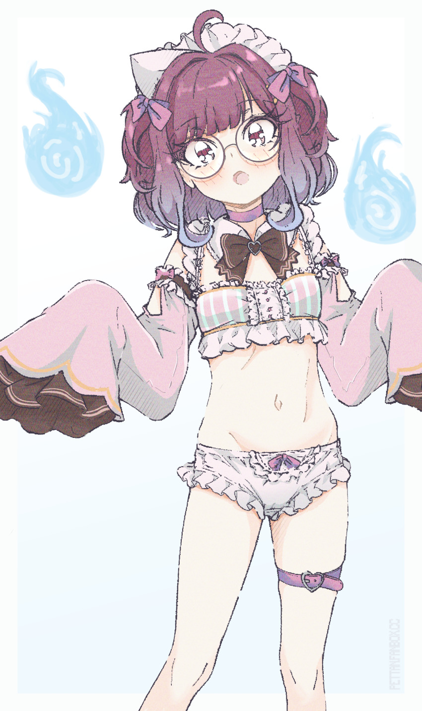 1girl absurdres ahoge blush bra brown_eyes brown_hair detached_sleeves fallenshadow frilled_panties frills glasses highres indie_virtual_youtuber maid_headdress navel open_mouth panties pettan_(zeez4743) pink_bra pink_panties pink_sleeves short_hair sleeves_past_wrists solo stomach striped_bra striped_clothes thigh_strap thighs underwear virtual_youtuber
