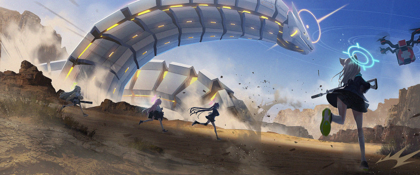 4girls ahoge animal_ears assault_rifle battle beretta_ar70/90 binah_(blue_archive) black_hair blonde_hair blue_archive cat_ears cat_girl commentary_request desert drone dust gatling_gun gun halo highres hoshino_(blue_archive) jacket knee_brace kneehighs long_hair mecha minigun miyoshi_nao_(miyoshist) mountain multiple_girls nonomi_(blue_archive) outdoors pink_hair plaid_clothes plaid_skirt rifle robot running scarf school_uniform serika_(blue_archive) shiroko_(blue_archive) shoes sig_sauer_556 silver_hair skirt sky sneakers socks sweater weapon wolf_ears wolf_girl