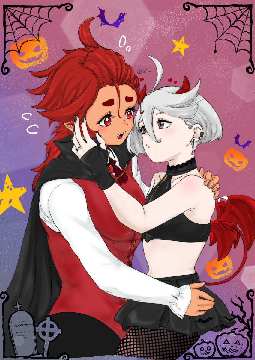 2girls 715piro_gon absurdres ahoge alternate_eye_color artist_name black_cape black_gloves black_nails black_shirt cape commentary_request crop_top dark-skinned_female dark_skin demon_girl demon_horns demon_tail earclip earrings fangs female_focus fingerless_gloves gloves gundam gundam_suisei_no_majo hair_slicked_back halloween hand_on_another&#039;s_shoulder hand_on_another&#039;s_waist highres horns jack-o&#039;-lantern jewelry matching_hair/eyes miorine_rembran multiple_girls open_mouth purple_eyes red_eyes red_hair red_vest ring shirt short_hair silk sleeveless sleeveless_shirt spider_web star_(symbol) suletta_mercury tail thick_eyebrows tombstone vest wedding_ring white_hair white_shirt wife_and_wife yuri